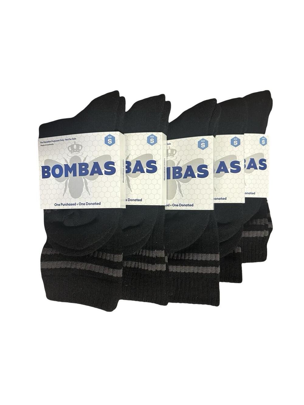 5 Pack New Bombas Black Cushioned Crew Socks Small Gray Stripe‎